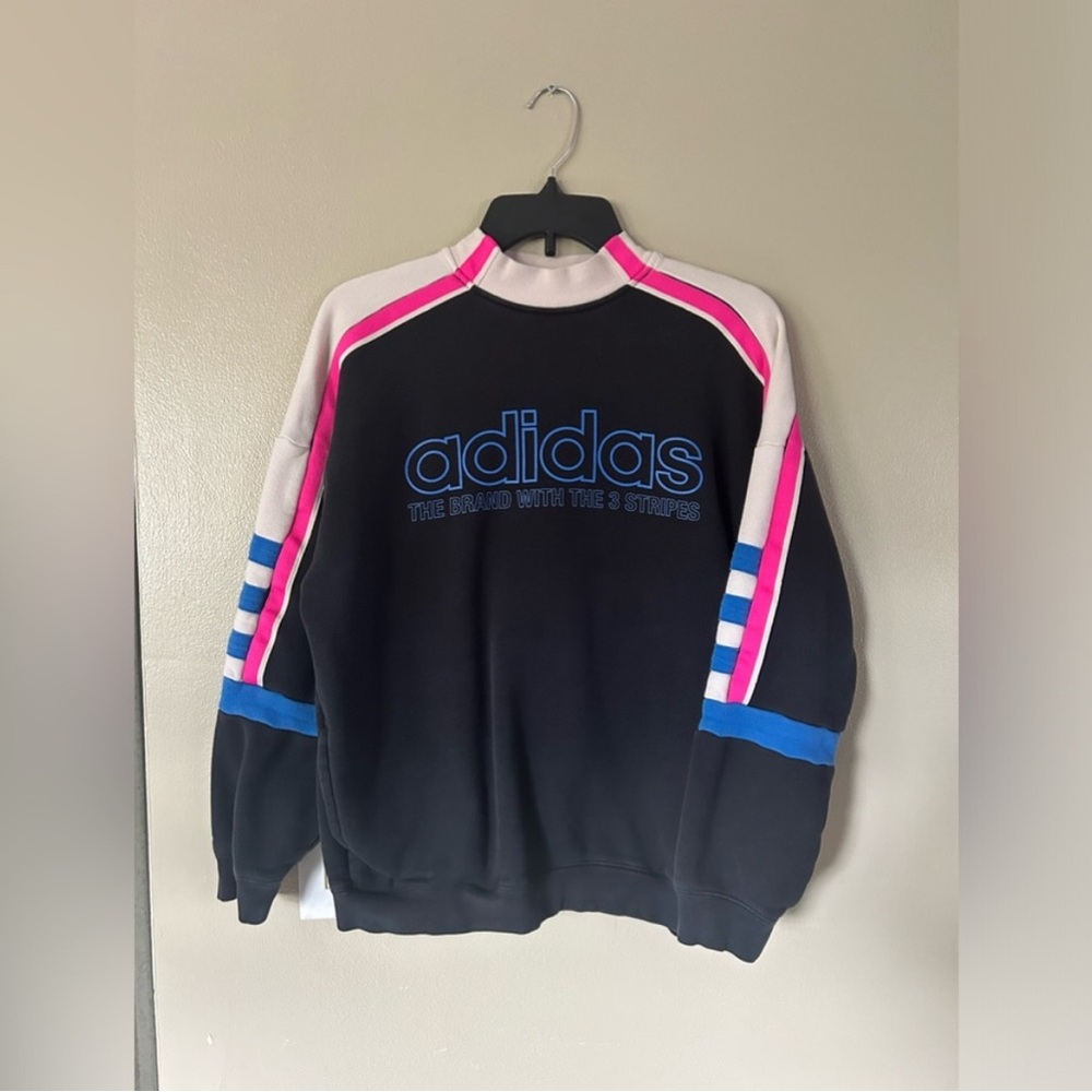 VINTAGE Adidas Black Sweatshirt with Pink and Blue Stripes